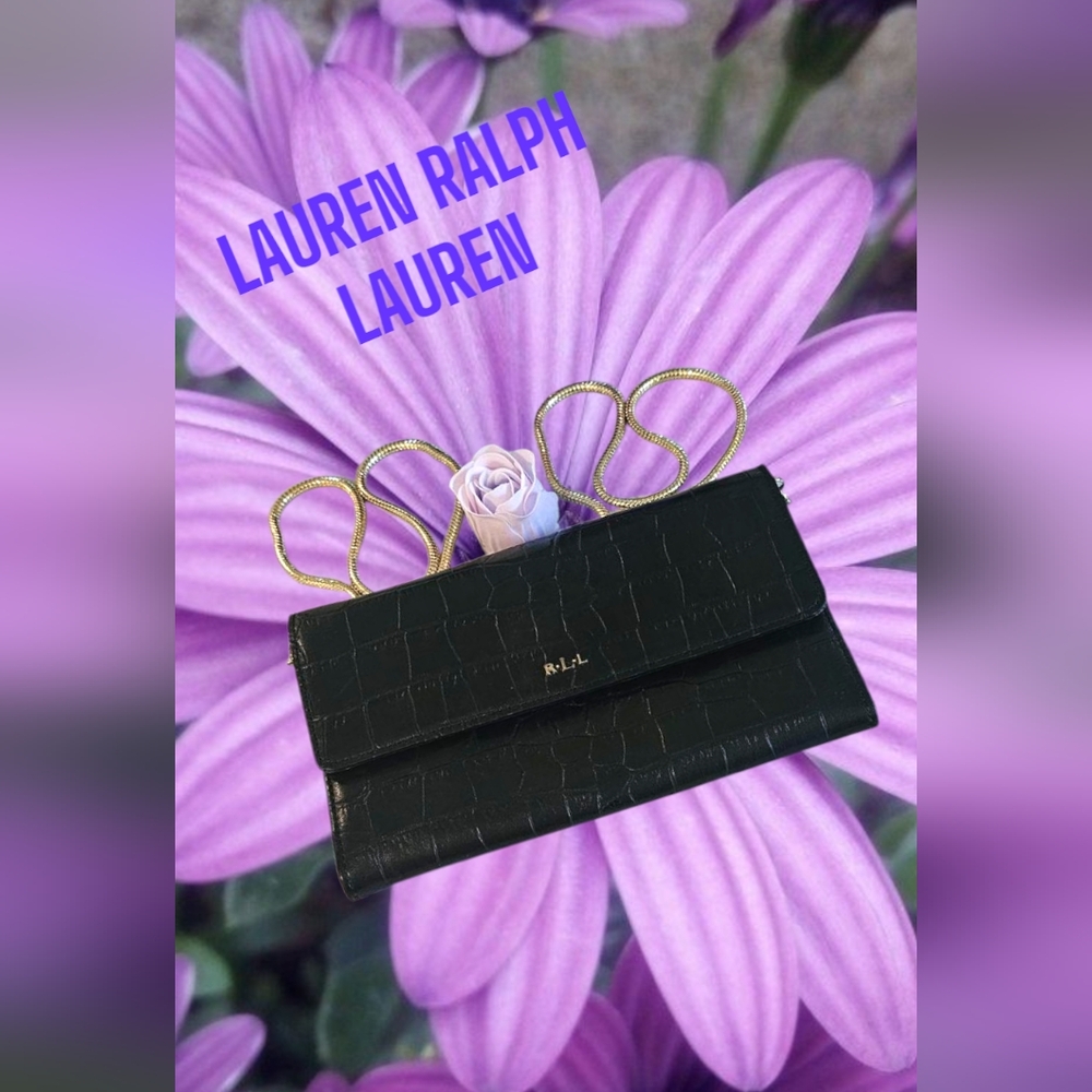 VINTAGE LAUREN RALPH LAUREN  CROC-EMBOSSED LEATHER CLUTCH BAG GOLD TONE CHAIN